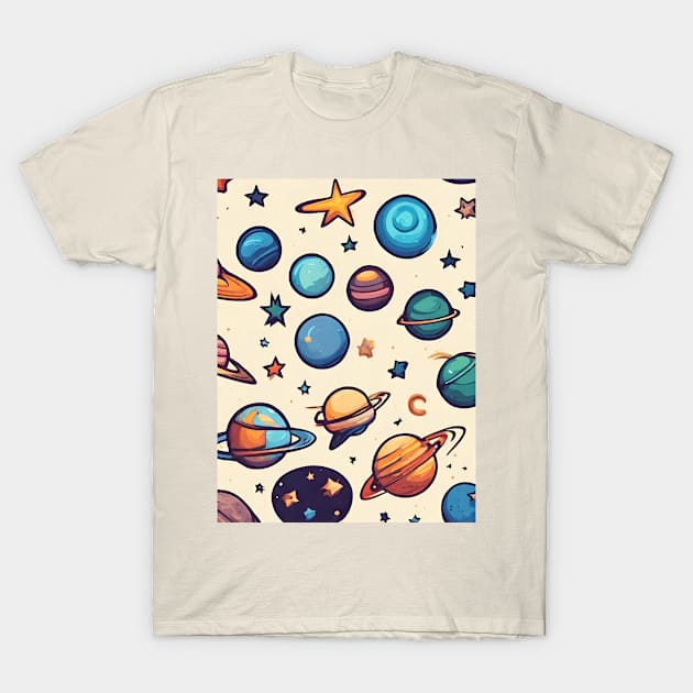 Cosmic Symphony Celestial Cartoon Ensemble T-Shirt by Abeer Ahmad